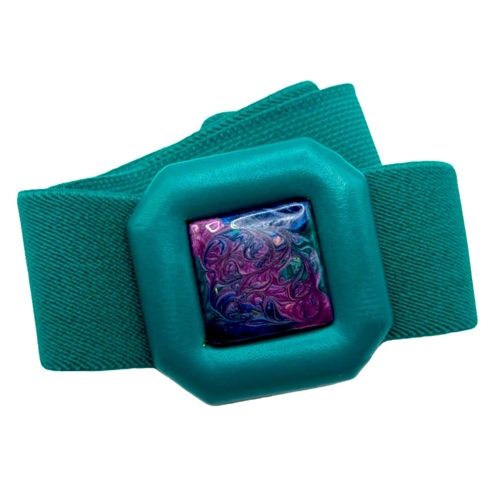 Day Lor Retro Vintage elastic stretch belt teal swirl square buckle gold cinch